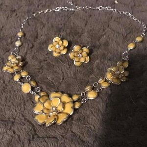 Elegant Yellow Floral Statement Necklace and Earring Set